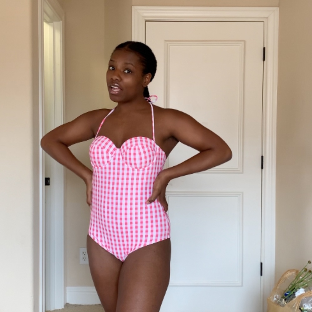 Pink Checkerboard One Piece Halter Top Swimsuit